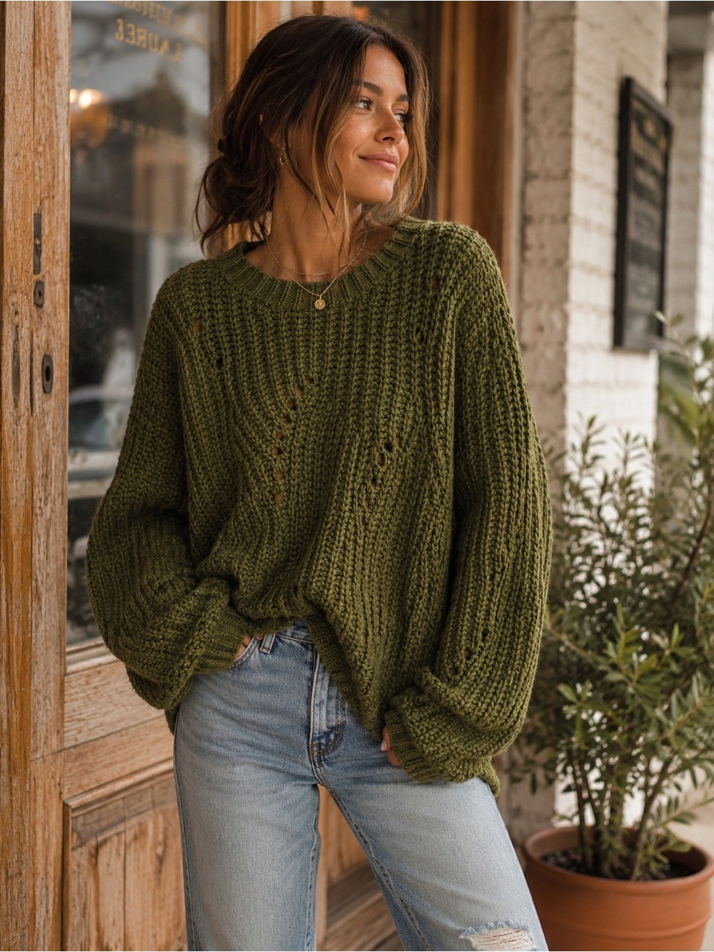 POL Olive Green Chunky Cable Knit Openwork Boho Sweater Large